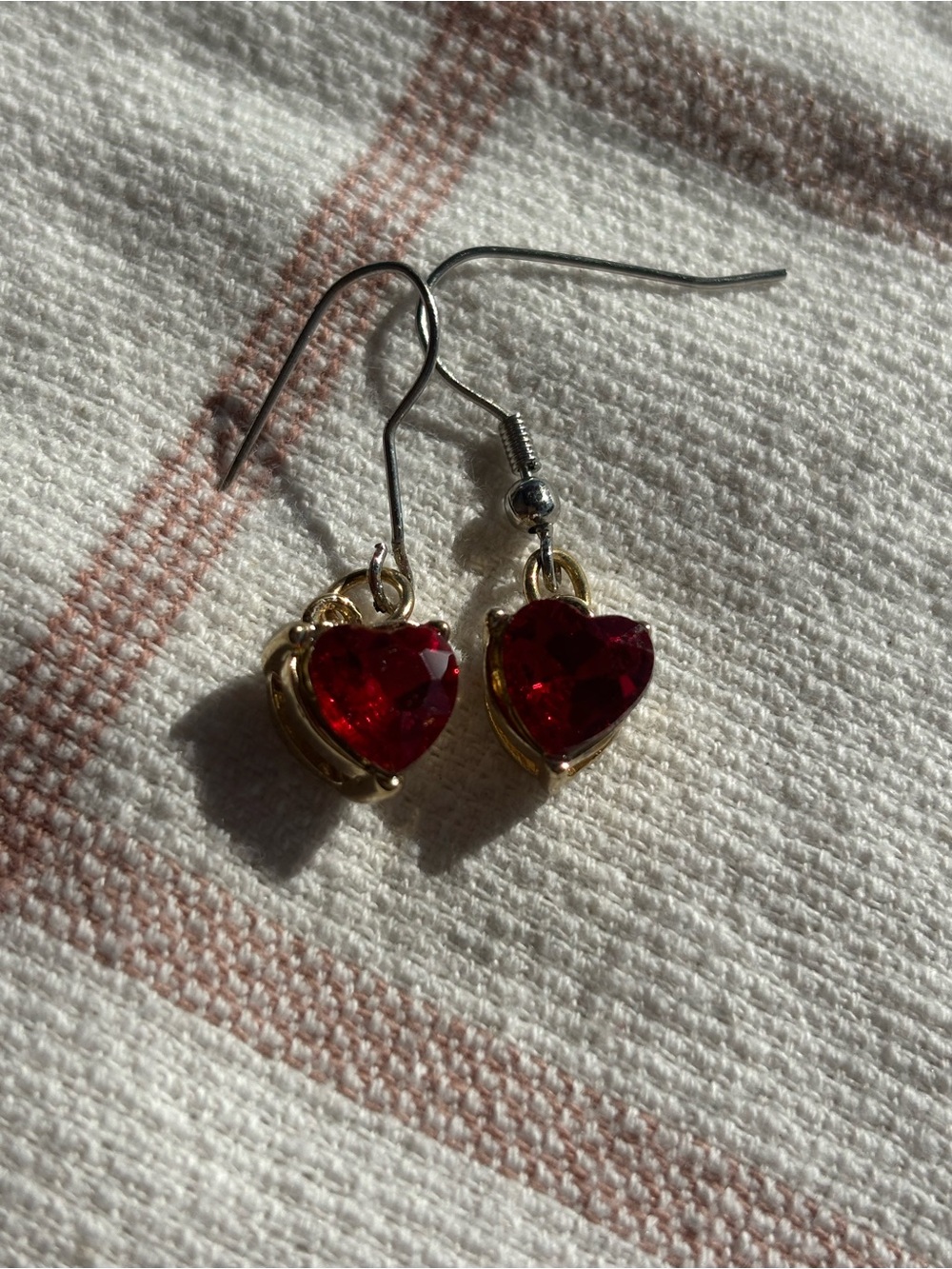 Gold Heart Drop Earrings with Red Crystal